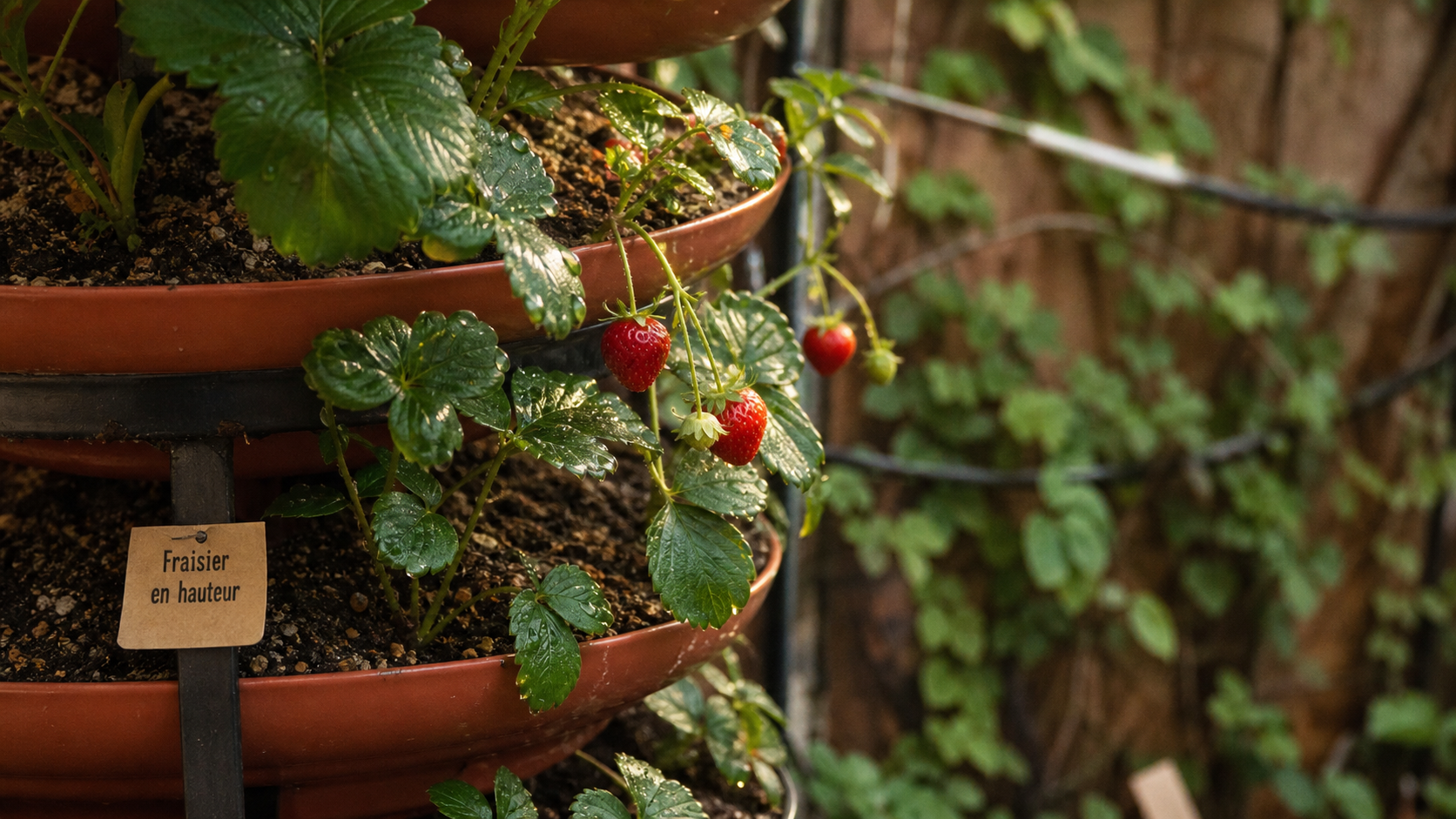 Plantation fraisier en hauteur : tour de fraisiers avec goutte-à-goutte