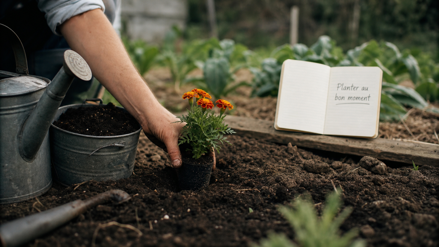 Quand planter des fleurs : godet fleuri posé en terre