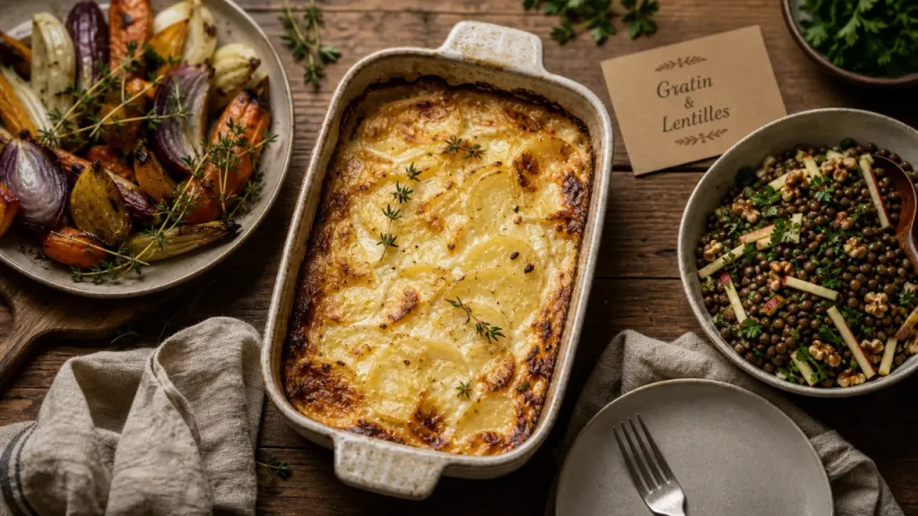 Que manger avec un gratin dauphinois sans viande : salade tiède de lentilles et légumes rôtis