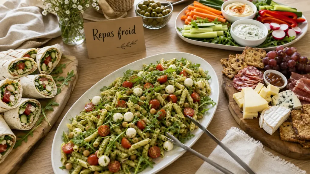 Repas froid entre amis : buffet varié, salade de pâtes, wraps, crudités et dips