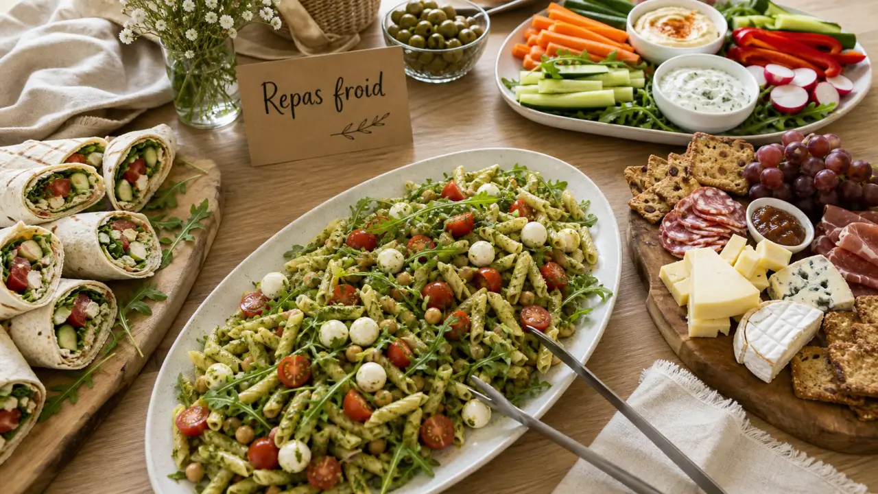 Repas froid entre amis : buffet varié, salade de pâtes, wraps, crudités et dips