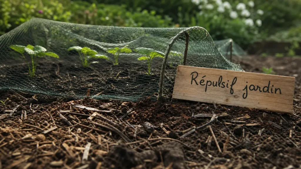 Repulsif chat jardin : semis protégés, terre humide et paillage après pluie
