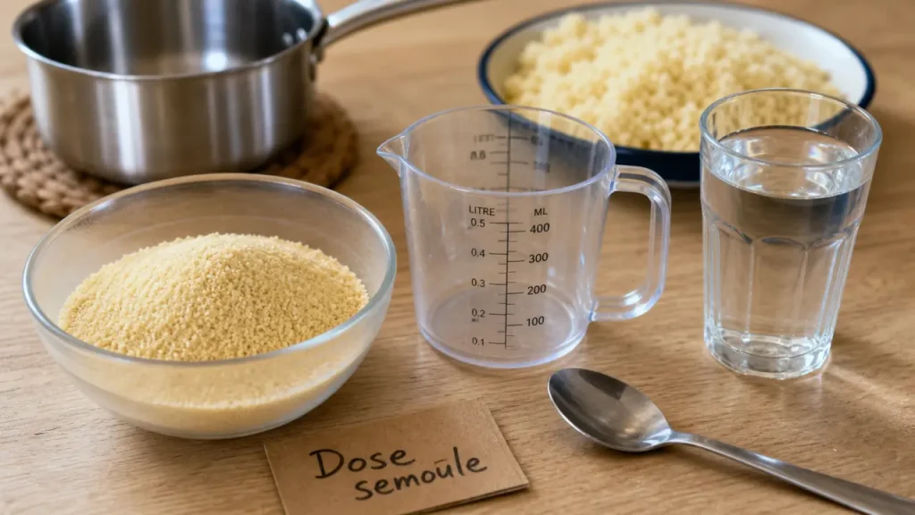 Semoule quantité par personne : 60 80 120 g, bol et tasse doseuse