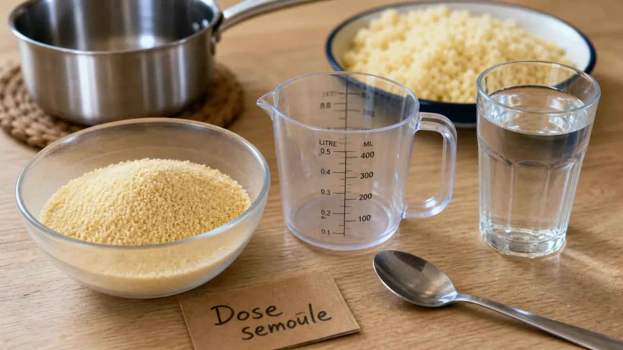 Semoule quantité par personne : 60 80 120 g, bol et tasse doseuse