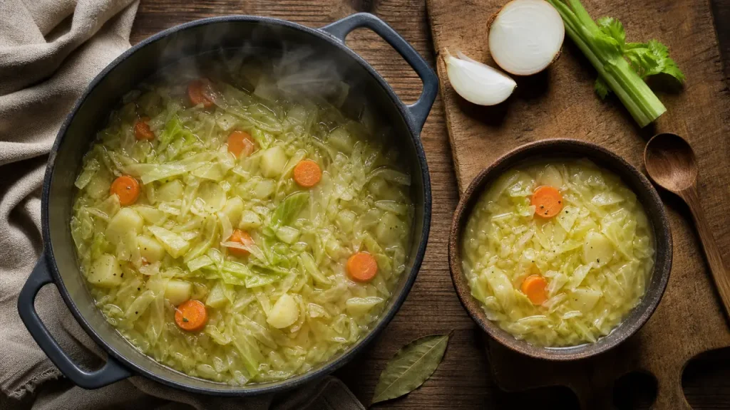 Soupe aux choux verts, texture parfaite, cocotte en fonte fumante
