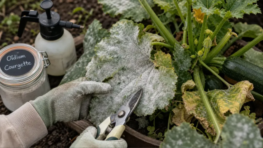 Traitement oidium courgette : feuilles blanchies, poudreux blanc sur courgette