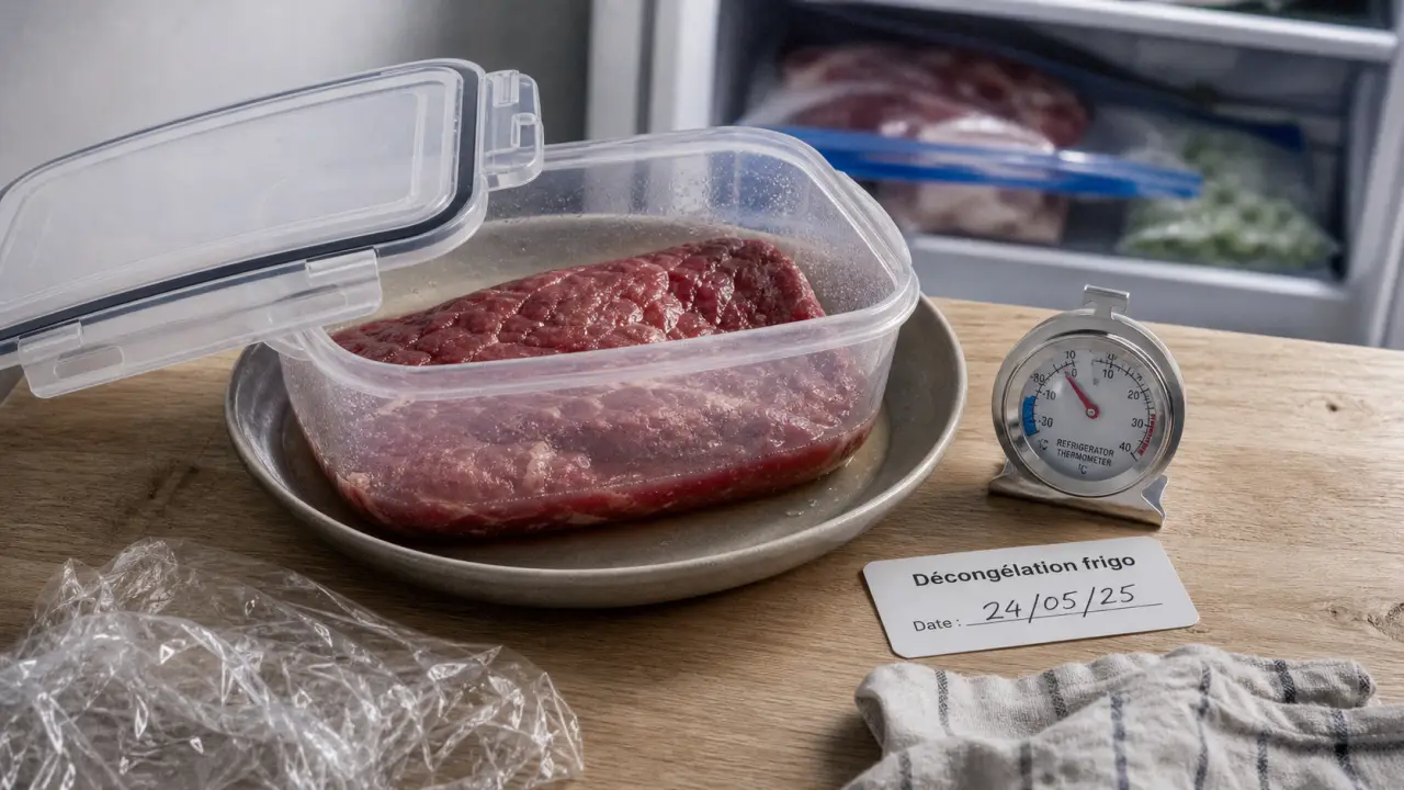 Viande décongelé combien de temps au frigo : viande en contenant, thermomètre et date