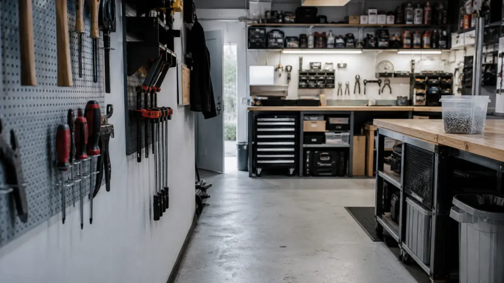 Amenager un atelier dans son garage : clés sur panneau et établi au fond