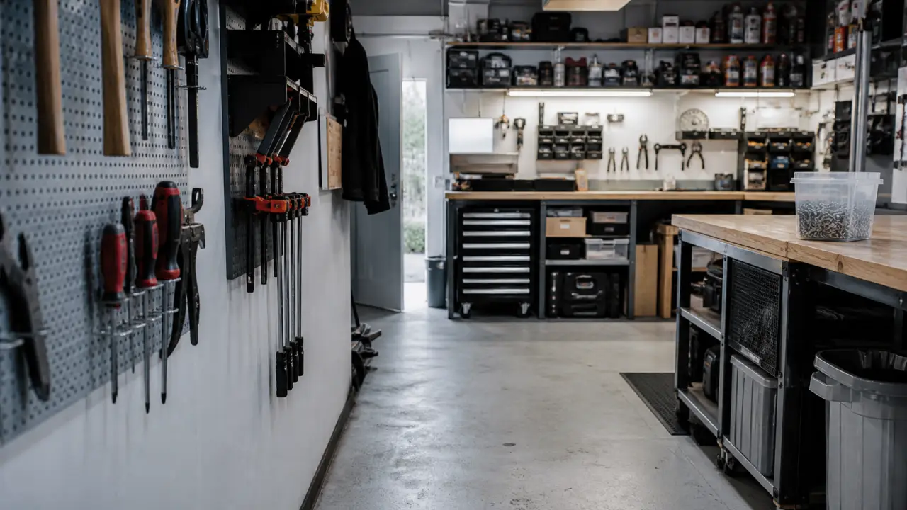 Amenager un atelier dans son garage : clés sur panneau et établi au fond