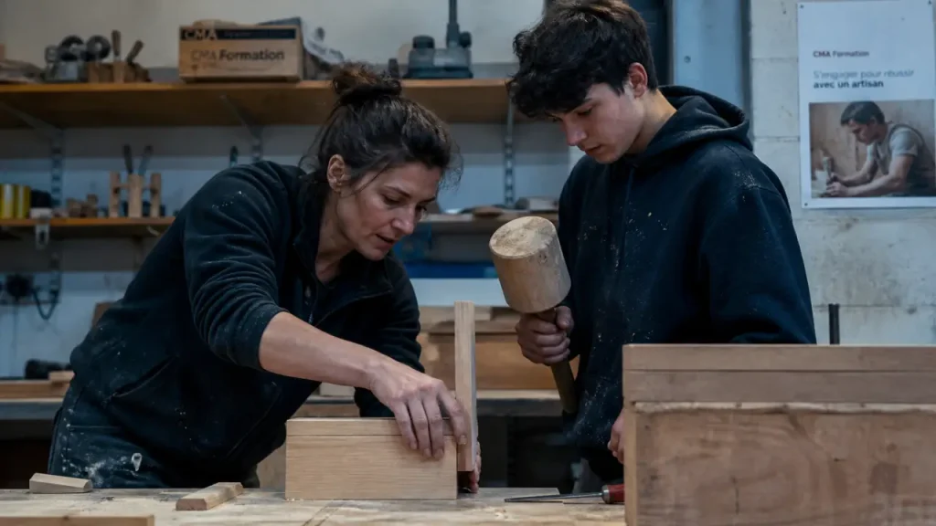 Artisanat feminin : cheffe d’atelier en menuiserie, mains au travail