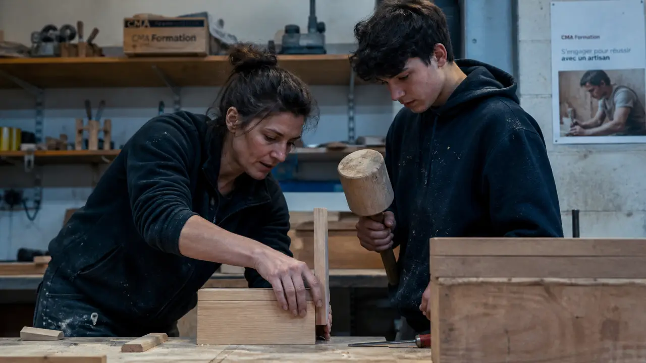 Artisanat feminin : cheffe d’atelier en menuiserie, mains au travail