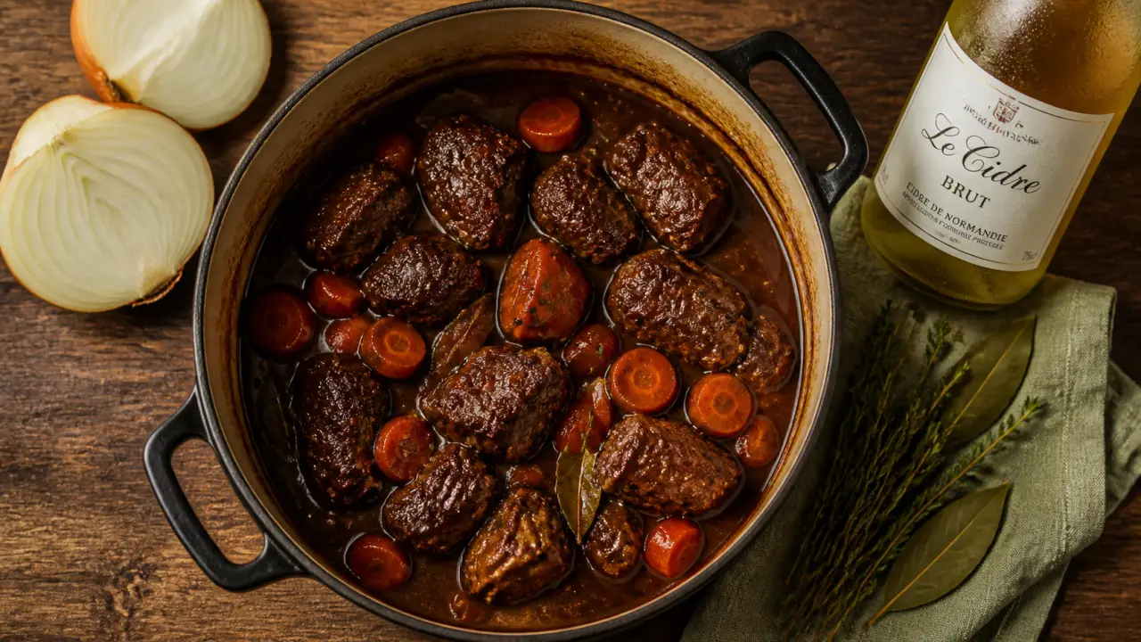 Boeuf au cidre normandie, cocotte mijotée au cidre brut, viande fondante