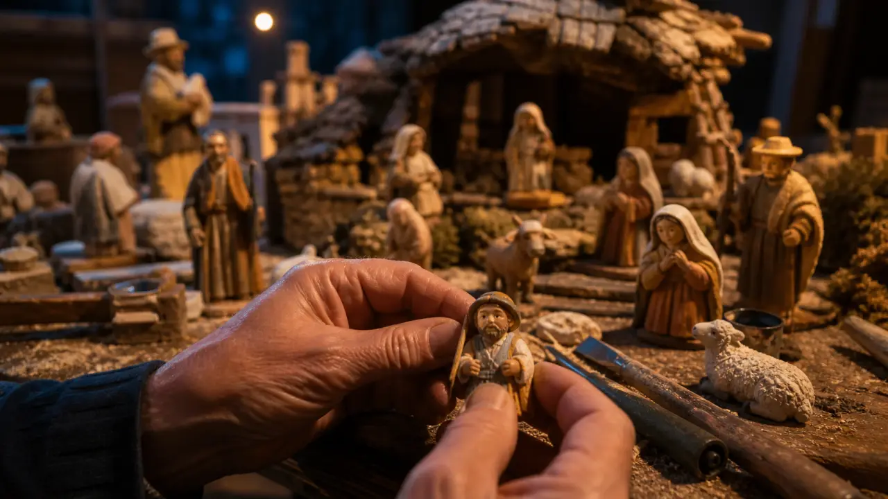 Crèche de noël artisanale : santons en bois et argile cuite, atelier artisan