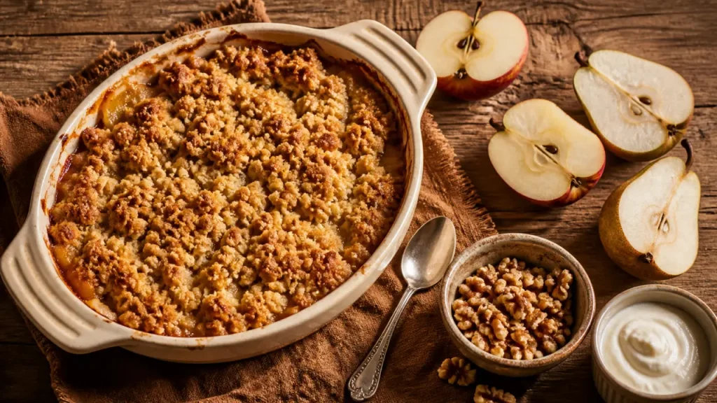 Dessert d automne crumble pommes-poires doré, plat à gratin crème