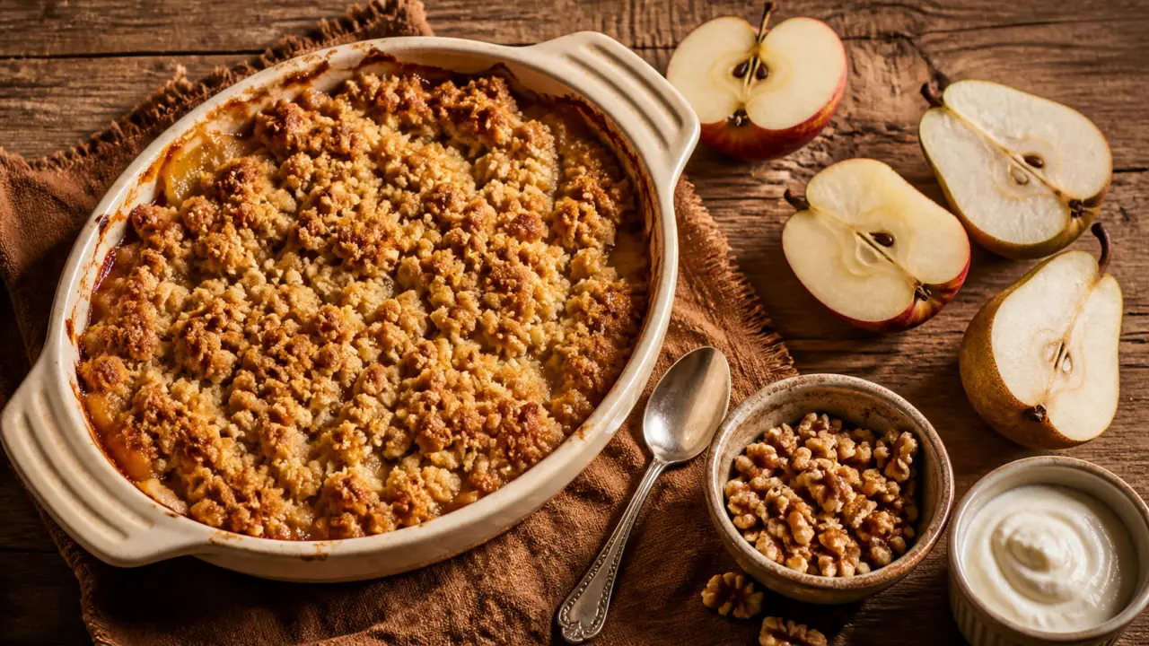 Dessert d automne crumble pommes-poires doré, plat à gratin crème