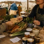 Économie locale : circuits courts au marché fermier, échanges de producteurs et clients