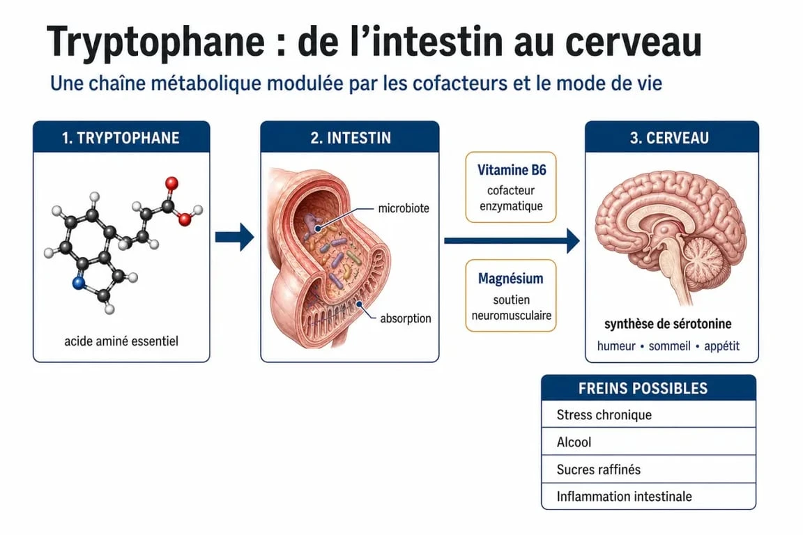 Sérotonine alimentation : schéma du tryptophane, de l’intestin et du cerveau