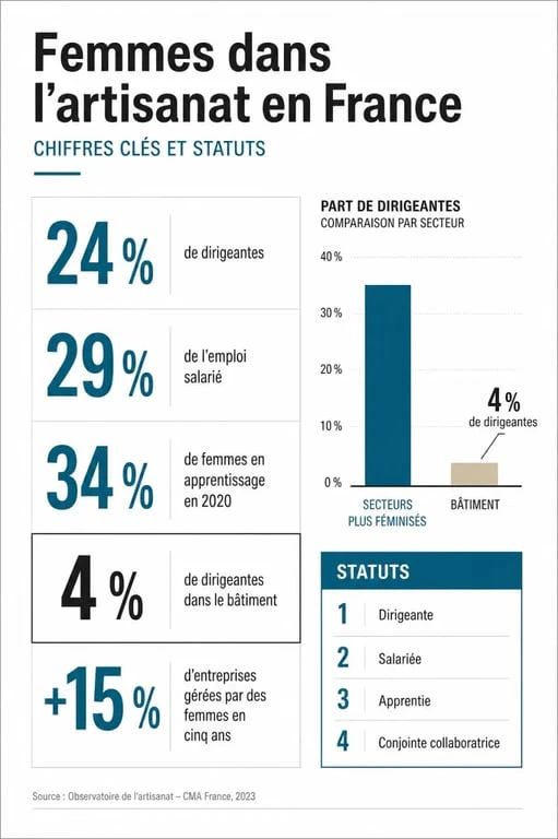 Infographie artisanat féminin avec chiffres clés et statuts en France