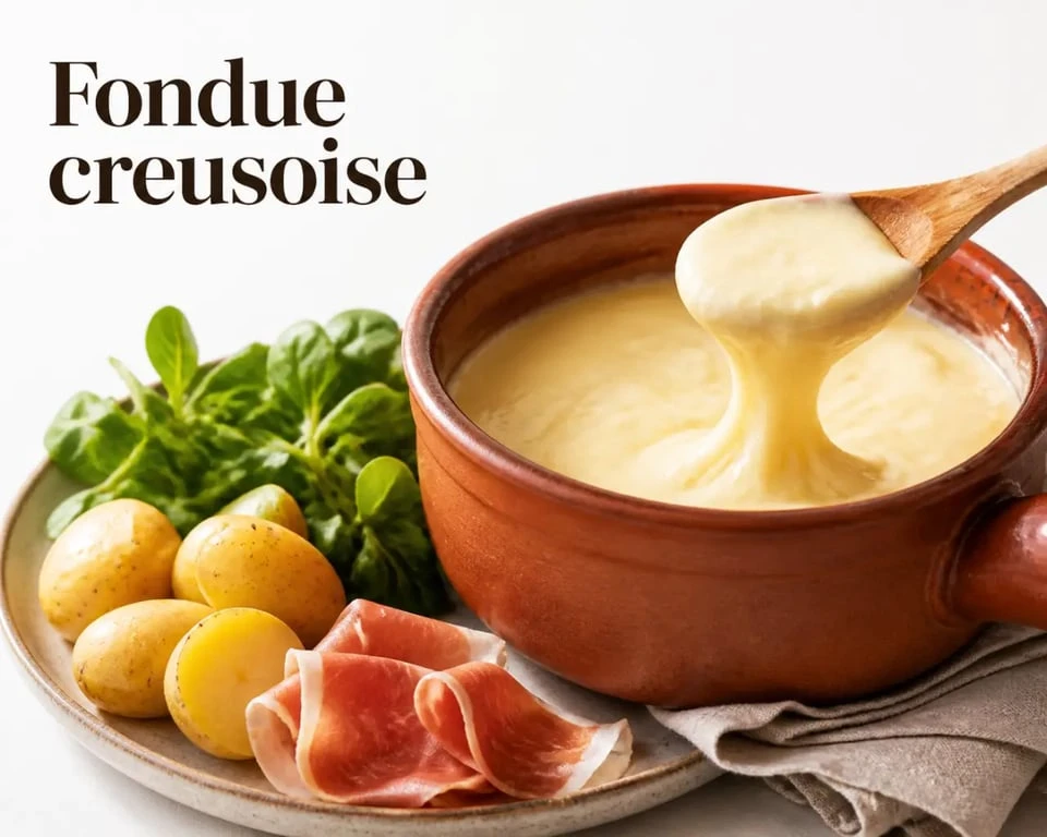 Fondue creusoise servie chaude dans un caquelon avec pommes de terre et salade