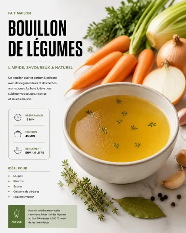 Bol de bouillon de légumes maison, alternative naturelle au bouillon de volaille