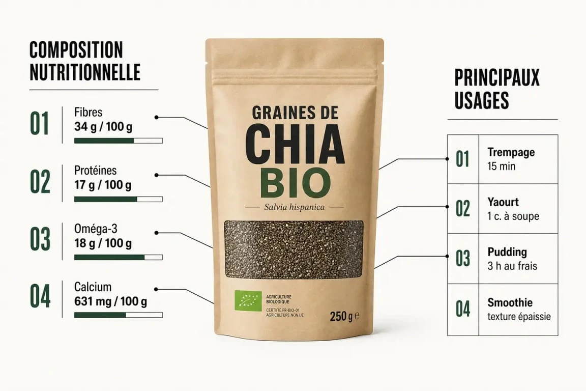 Graine de chia bio : visuel sur la composition nutritionnelle et les usages