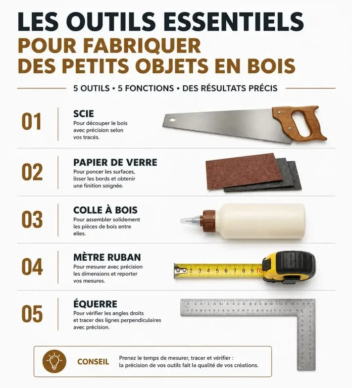 Outils de base nécessaires pour fabriquer un petit objet en bois