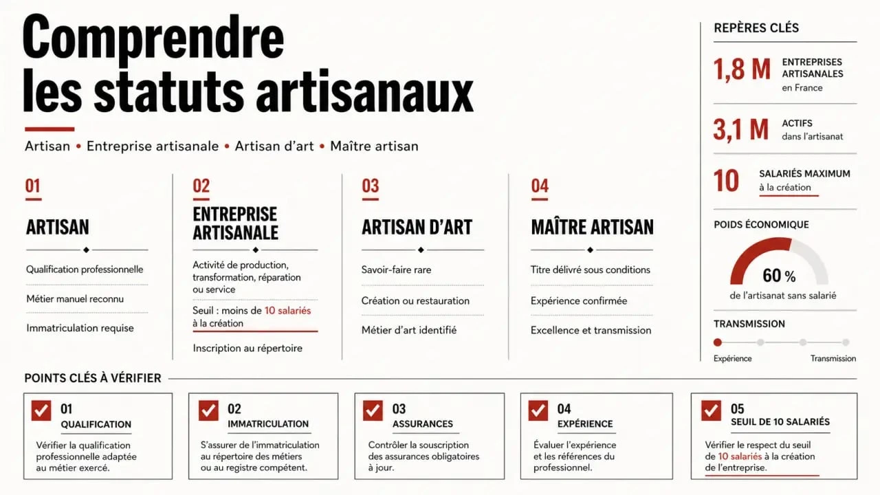 Des artisans : comparaison visuelle des statuts artisan, artisan d’art, maître artisan et entreprise artisanale