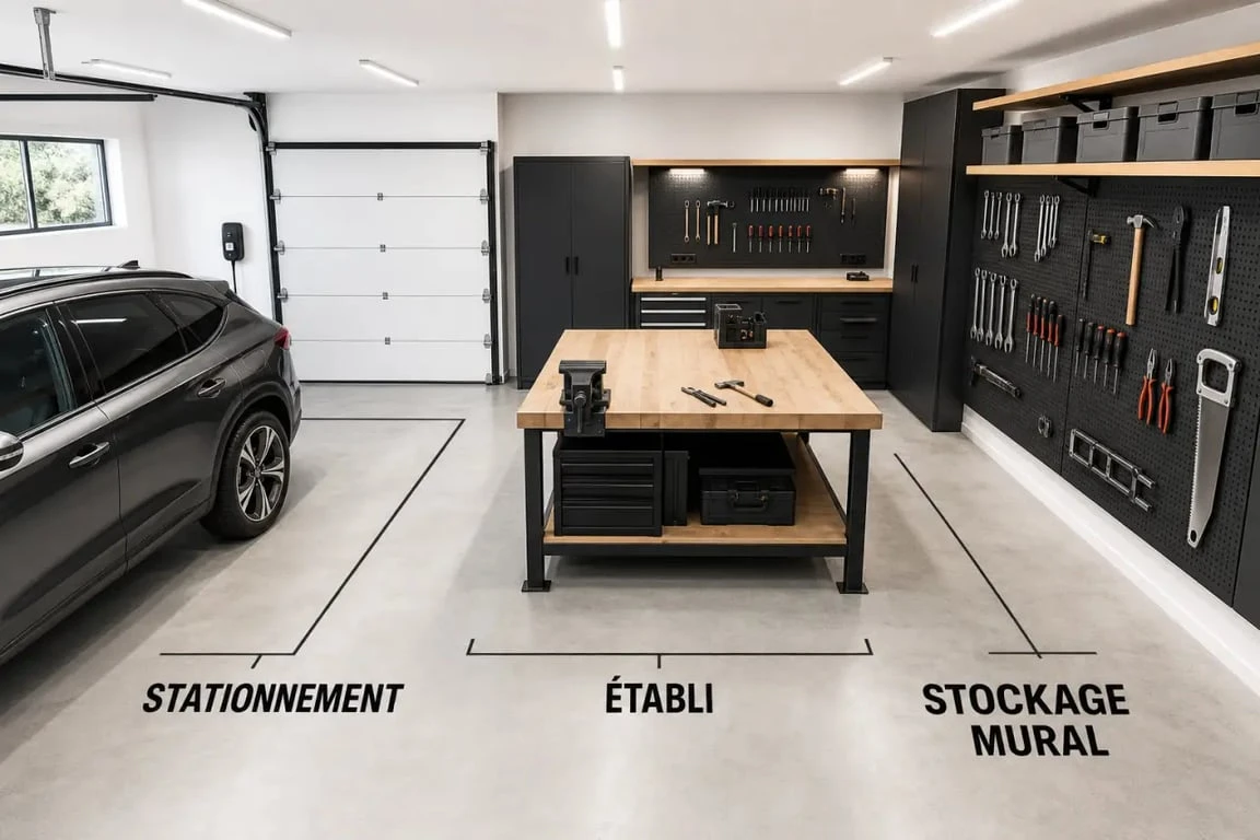 Aménager un atelier dans son garage avec zones de stationnement, bricolage et stockage