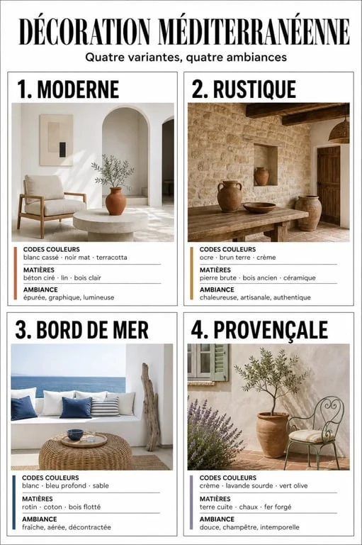 Décoration style méditerranéen : comparaison des variantes moderne, rustique, bord de mer et provençale