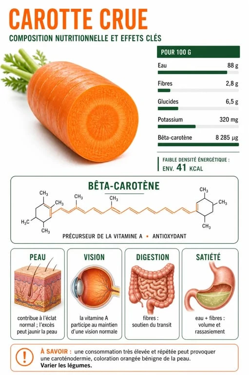 Bienfait carotte crue : infographie sur les nutriments et effets santé