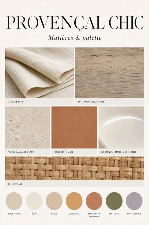 Palette et matières de décoration provençale chic pour une ambiance méditerranéenne élégante