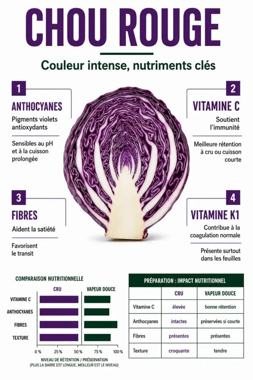 Bienfaits chou rouge : infographie sur les anthocyanes, la vitamine C, les fibres et la cuisson
