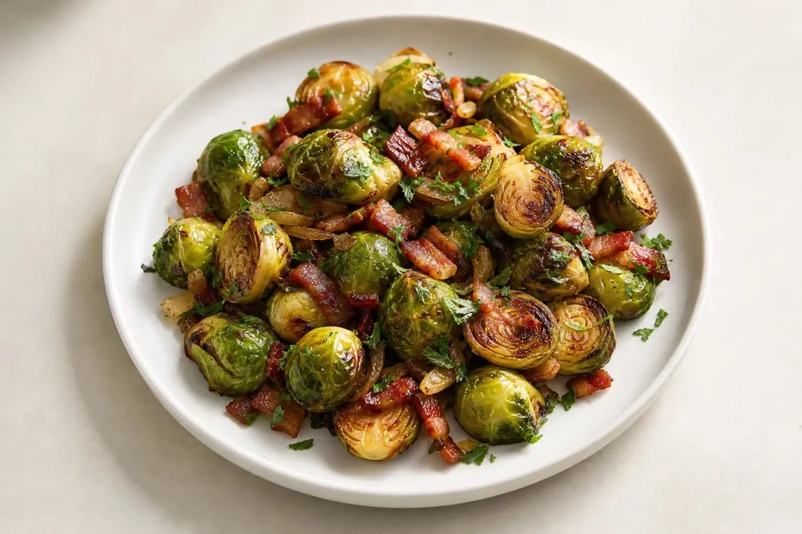Recette choux de Bruxelles lardons servie en poêlée gourmande dans une assiette sobre