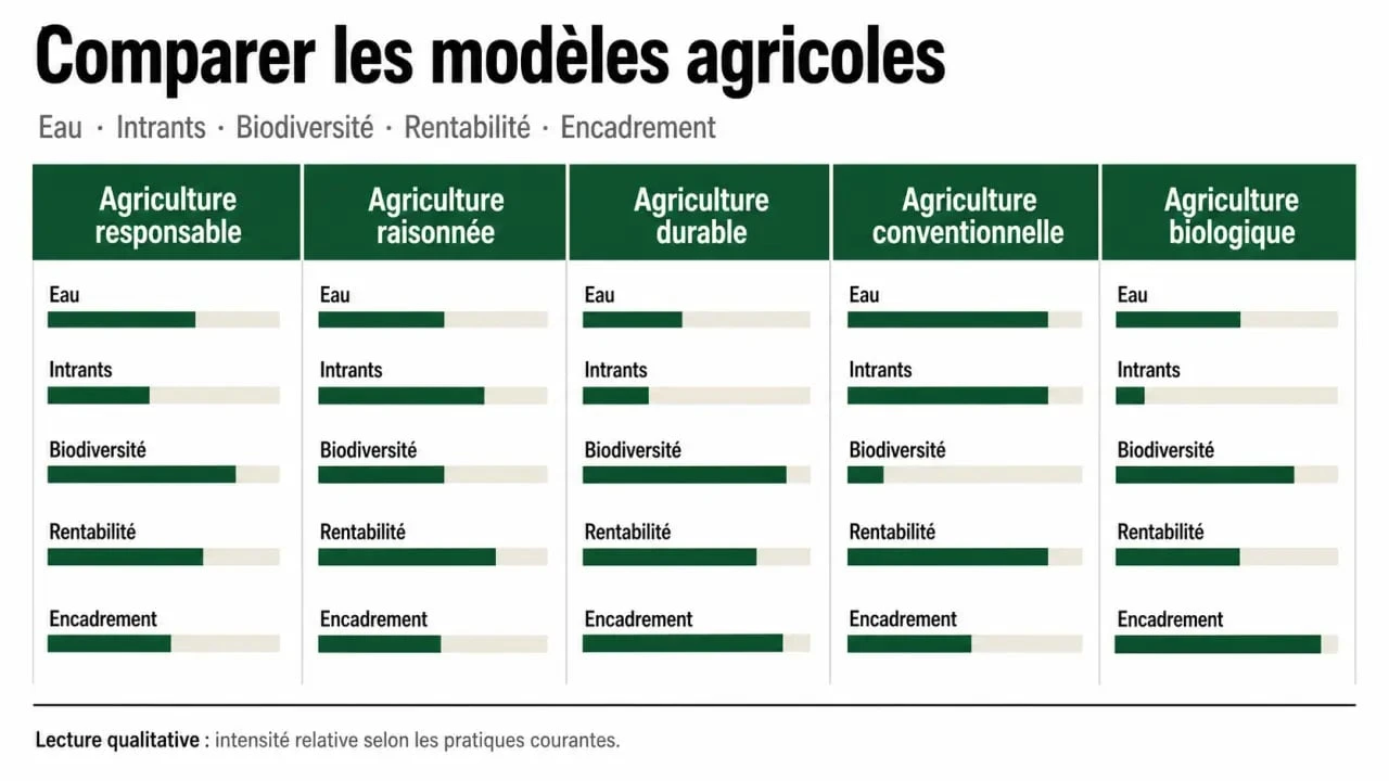 Comparaison visuelle de l’agriculture responsable avec l’agriculture conventionnelle, raisonnée, durable et biologique