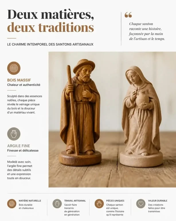 Comparaison entre santons en bois et en argile pour crèche de Noël artisanale