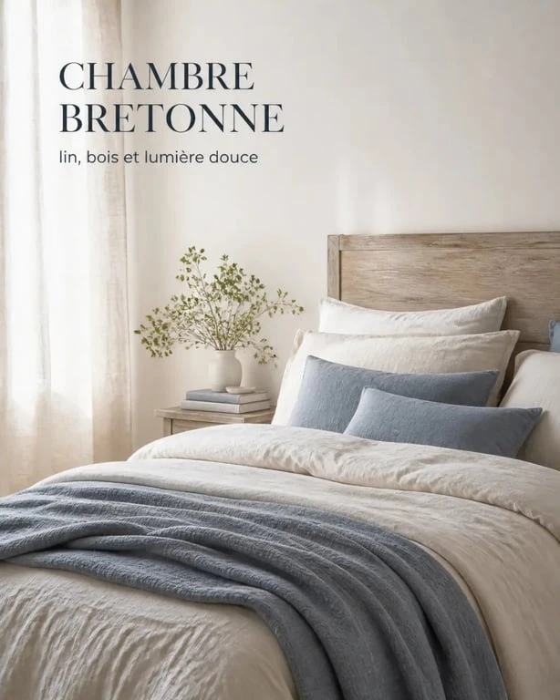Chambre en décoration maison Bretagne avec lin, laine et couleurs apaisées