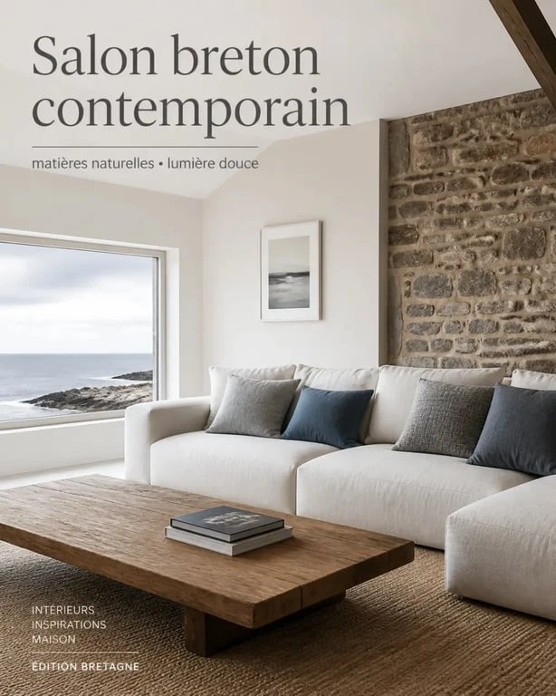 Salon en décoration maison Bretagne avec matières naturelles et palette minérale