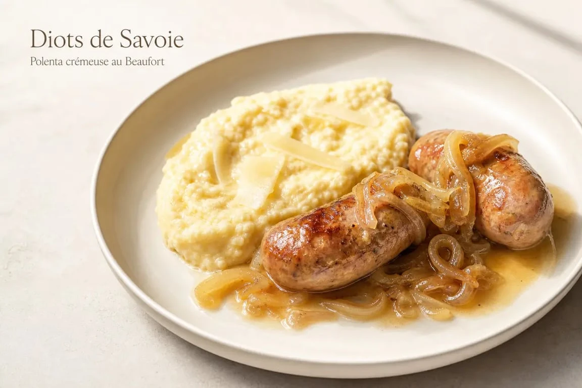 Recette diots polenta servie dans une assiette creuse avec saucisses savoyardes et polenta crémeuse au Beaufort