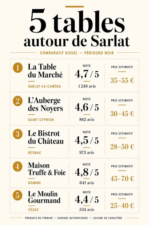 Comparatif des adresses pour un restaurant menu truffe périgord à Sarlat avec notes, avis et prix estimatif