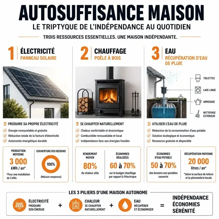 Schéma des trois piliers de l'autosuffisance maison : électricité, chauffage et eau