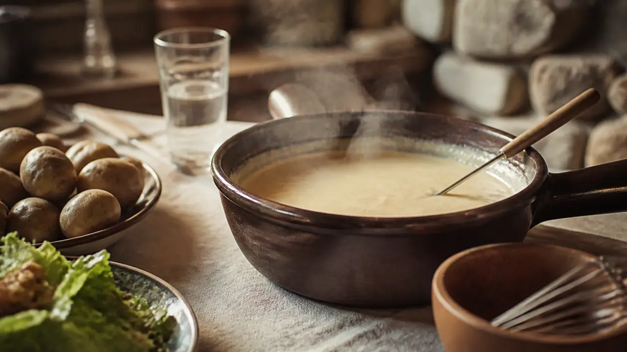Fondue creusoise fumante, caquelon de grès et fromage de pays, sauce bien liée.