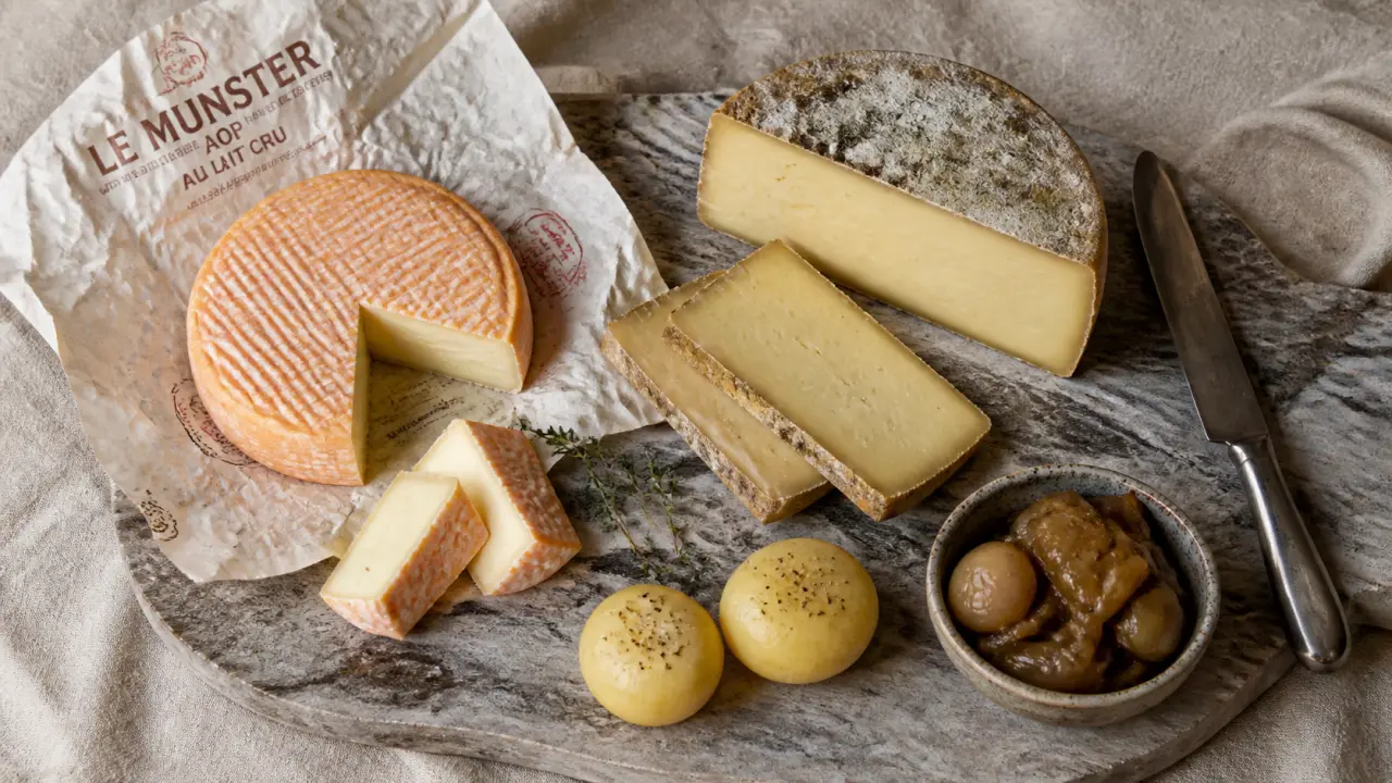 Fromage des Vosges : munster et tome fermière, planche en bois