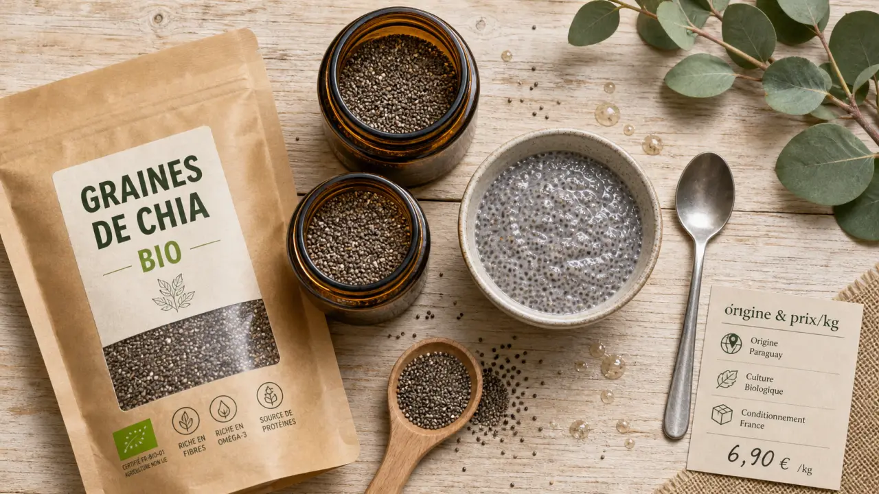 Graine de chia bio : graines noires et blanches en bocaux, prix au kilo