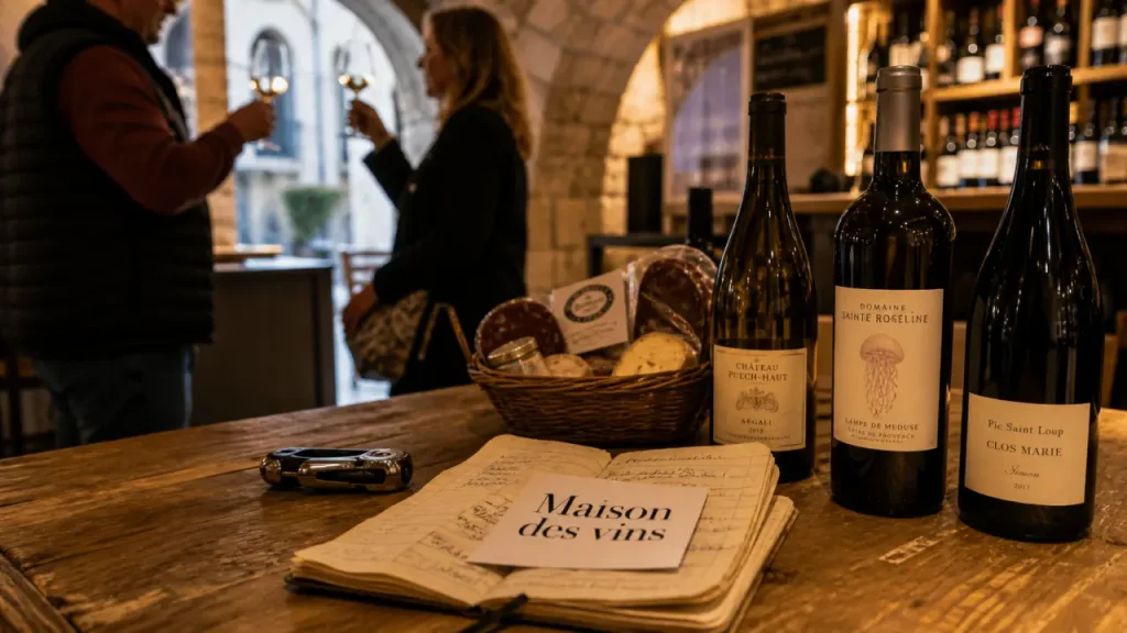 Maison régionale des vins et des produits du terroir à Montpellier, table de dégustation et bouteilles