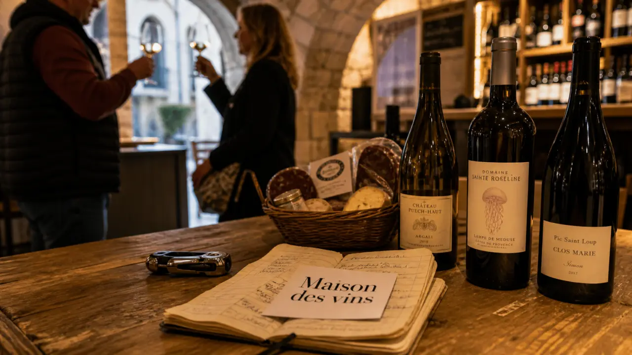 Maison régionale des vins et des produits du terroir à Montpellier, table de dégustation et bouteilles