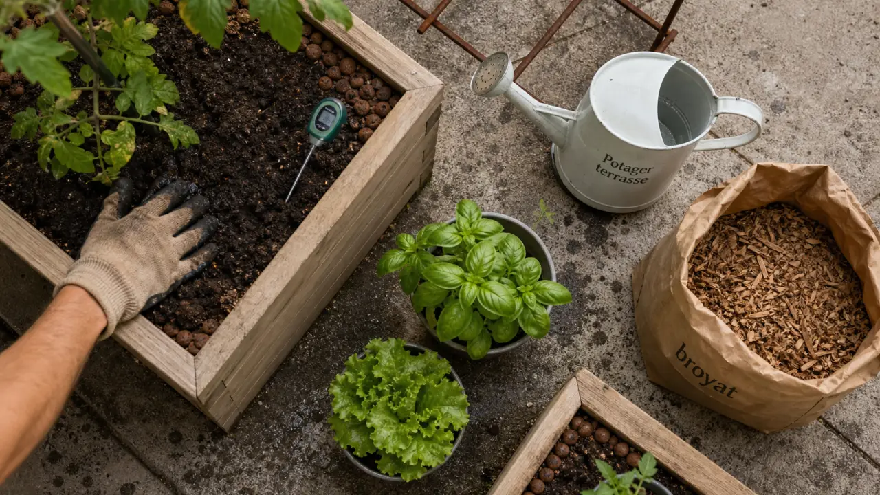 Potager sur une terrasse : bacs profonds avec terreau et jeunes plants