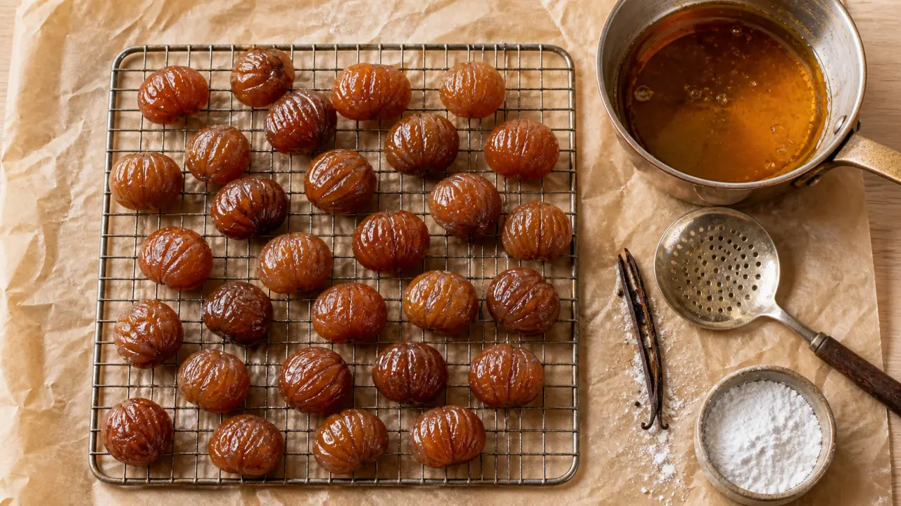 Recettes des marrons glacés maison : marrons glacés brillants au sirop et glaçage