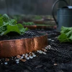 Répulsif naturel limace : ruban de cuivre et coquilles d’œuf près de jeunes plants de salade