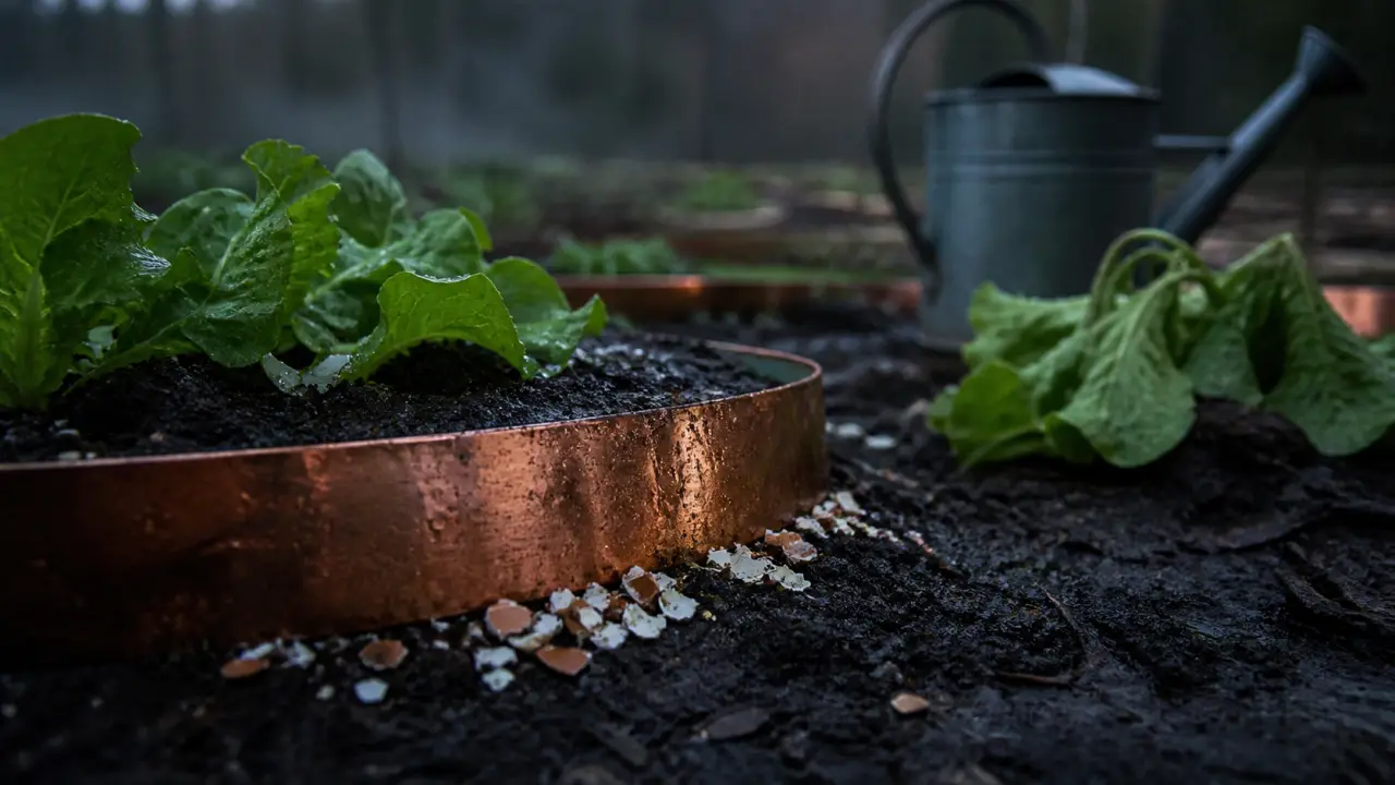 Répulsif naturel limace : ruban de cuivre et coquilles d’œuf près de jeunes plants de salade