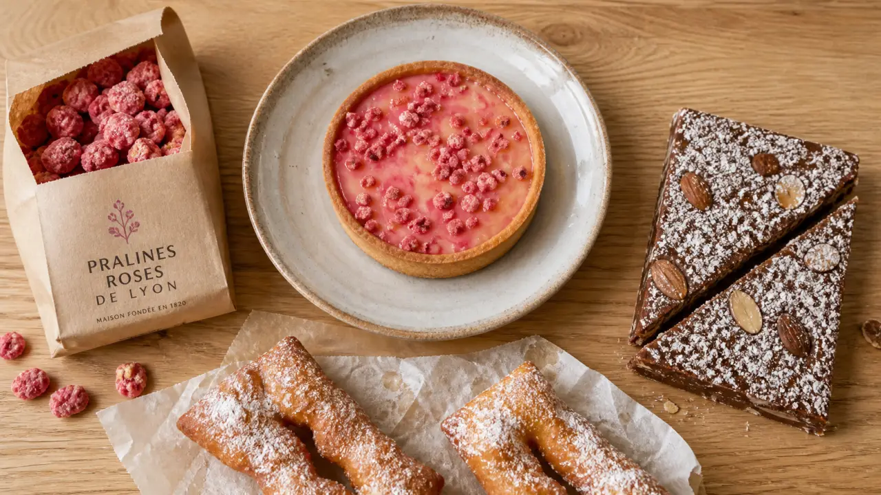 Photo praline rose, bugnes et coussin, spécialité lyonnaise sucré